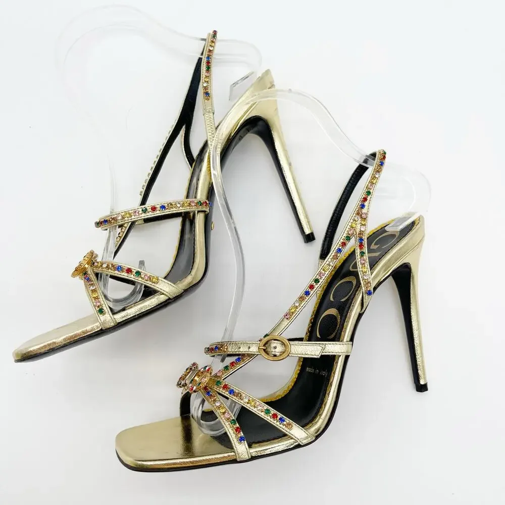 Gucci Carmen Crystal Embellished Gold Leather Bow High Heel Sandals EU 38.5 - Picture 5 of 13